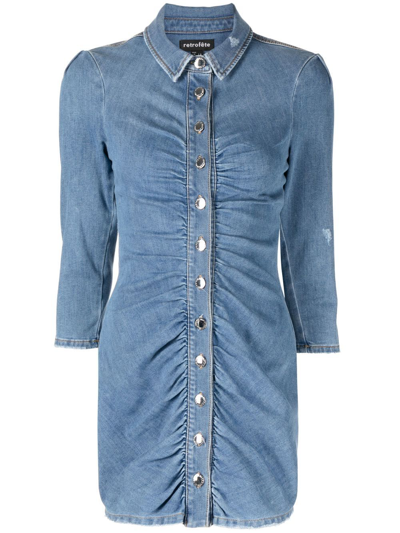 Shop Retroféte Gigi Ruched Denim Shirt Dress In Blau