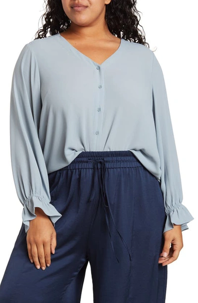 Shop T Tahari Ruffle Cuff Blouse In Solid Color Dune Blue