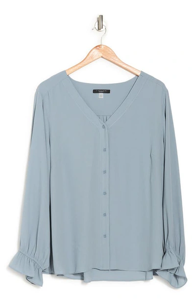 Shop T Tahari Ruffle Cuff Blouse In Solid Color Dune Blue