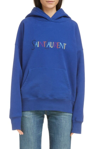 Shop Saint Laurent Oversize Embroidered Cotton Hoodie In Blue/ Multi