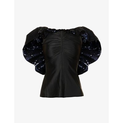 Shop Rabanne Sequin-embellished Off-shoulder Woven Top In Black
