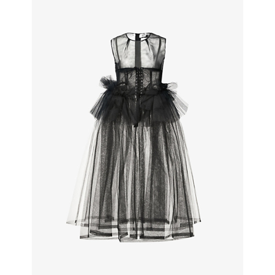 Shop Noir Kei Ninomiya Corset-waist Frill-trim Mesh Midi Dress In Black