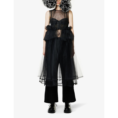 Shop Noir Kei Ninomiya Corset-waist Frill-trim Mesh Midi Dress In Black
