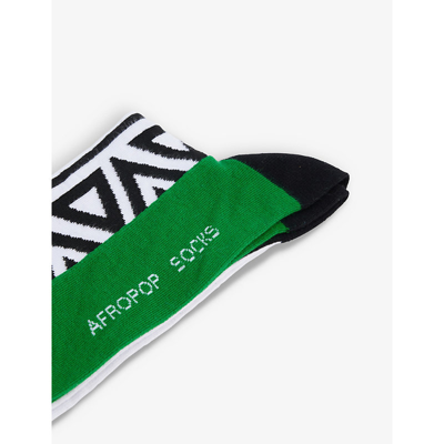 Shop Afropop Socks Men's Green/white Triangles Geometric-print Stretch-cotton Blend Socks