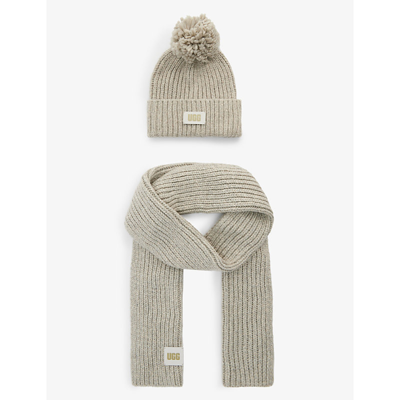 Ugg Logo-patch Knitted Beanie Hat And Scarf Set In Light Grey | ModeSens
