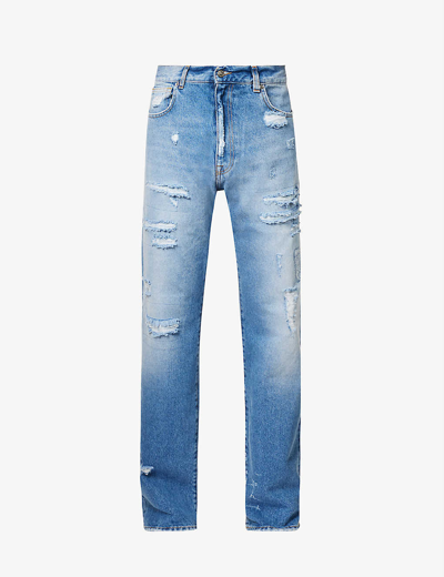 Shop 424 Distressed Brand-patch Relaxed-fit Jeans In Blue