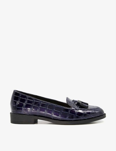 Shop Dune Global Croc-effect Faux-leather Loafers In Navy-reptile Synthetic