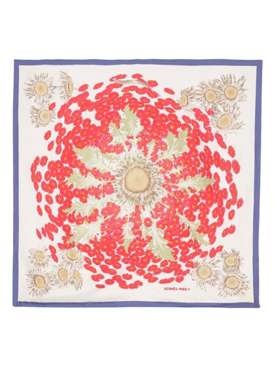 Pre-owned Hermes 1985  Fleurs Et Carlines Silk Scarf In White