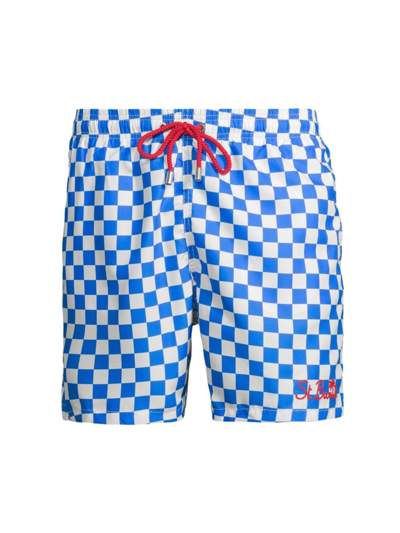 Shop Mc2 Saint Barth Men's Classic Checkered Swim Shorts In Blue White
