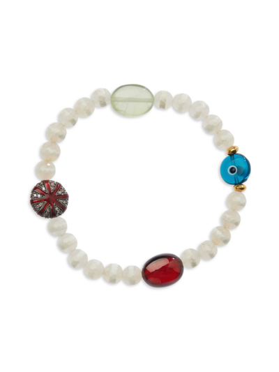 Shop Ileana Makri Women's Globetrotter Diamond, Tibetan Agate & Semi-precious Beaded Stretch Bracelet In White