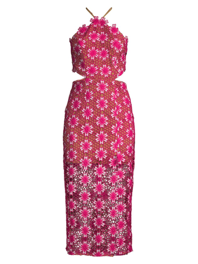 Dymas Cut out Lace Midi dress In Fuchsia