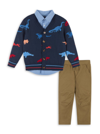 Shop Andy & Evan Baby Boy's 3-piece Dinosaur Knit Cardigan Set In Navy