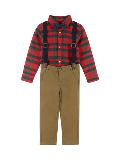 Shop Andy & Evan Little Boy's Flannel Shirt, Suspenders & Pants 3-piece Set In Red