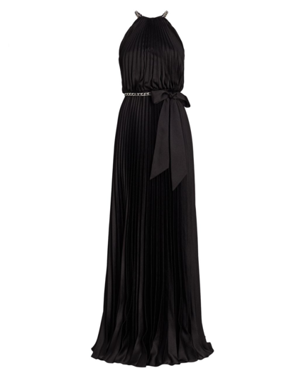 Shop ml Monique Lhuillier Women's Satin Chain-link Belt Pleated Gown In Black