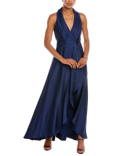 Shop Aidan Mattox Halter Wrap High-low Gown In Blue