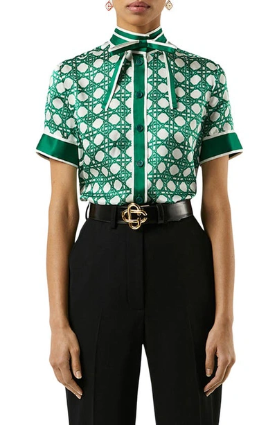 Shop Casablanca Monogram Print Tie Neck Button Front Silk Blouse In Green Le Monogramme Dosier