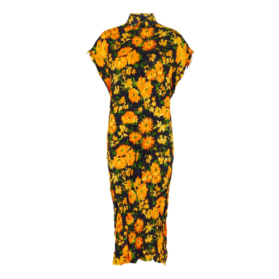 Shop Balenciaga Floral-print Pleated Silk-satin Midi Dress In Yellow
