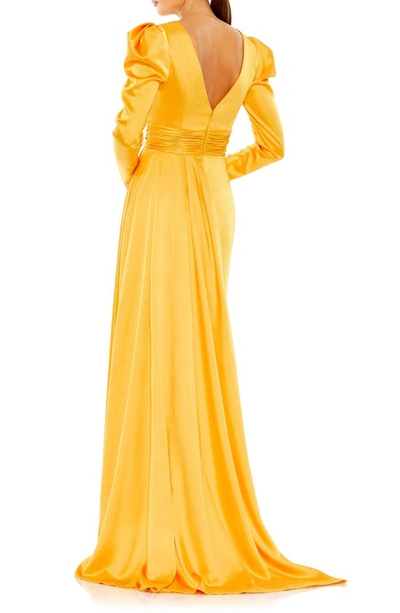 Shop Mac Duggal Puff Sleeve Satin Faux Wrap Gown In Marigold