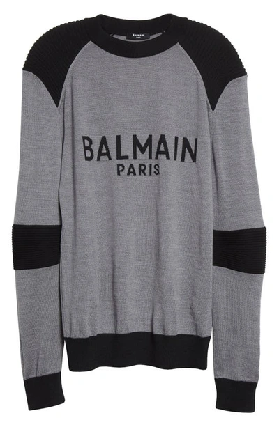 Shop Balmain Rib Panel Wool Crewneck Sweater In Grey/ Black