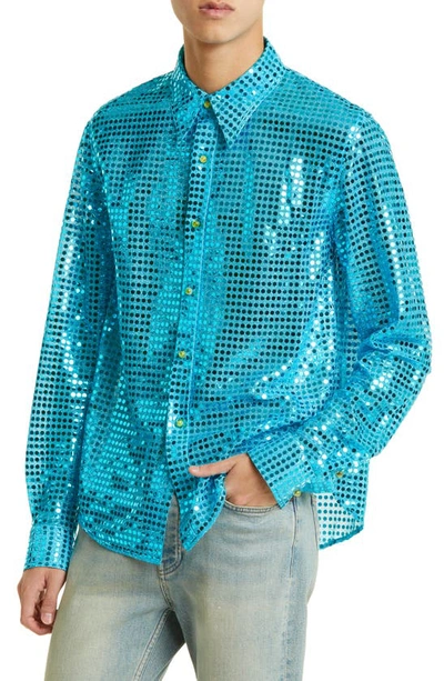 Shop Acne Studios Sequin Button-up Shirt In Turquoise Blue
