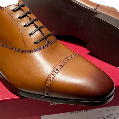 Pre-owned Gancini Ferragamo Boston Leather 12 D 45 Cap Toe  Oxford Men's Brown Dress Shoes