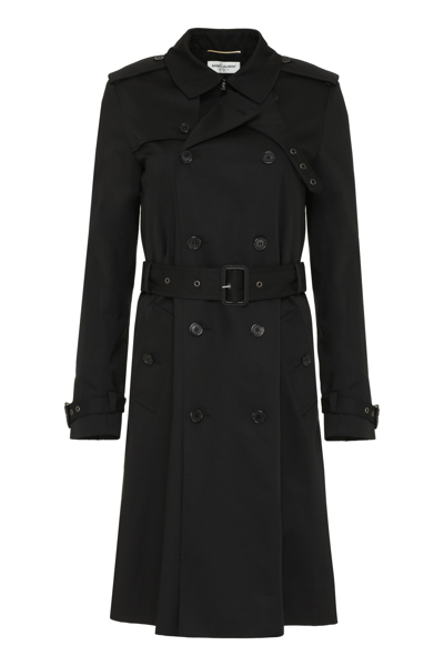Shop Saint Laurent Gabardine Trench Coat In Black