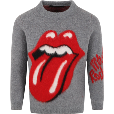 Shop Alanui Gray Sweater For Kids With The Rolling Stones Tongue In Grey