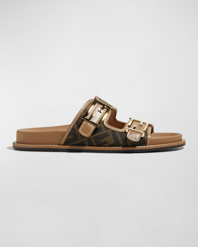 Shop Fendi Ff Jacquard Dual Buckle Slide Sandals In Brown