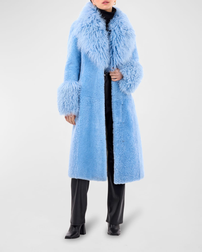Shop Gorski Cashmere Goat Fur Long Coat With Mongolian Lamb Shearling Trim In Blue