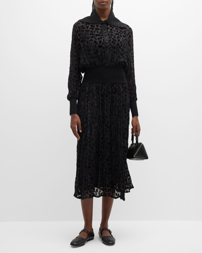 Tory Burch Long-sleeve Velvet Devore Midi Dress In Black