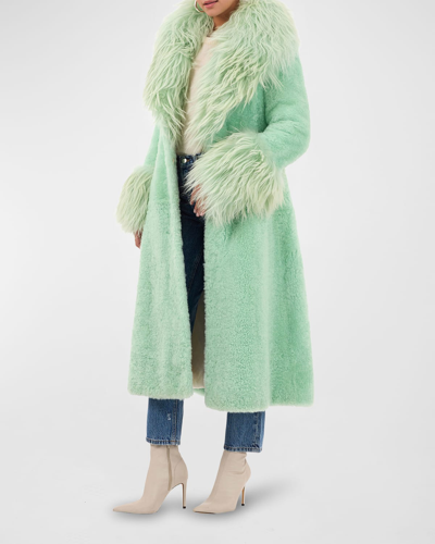 Shop Gorski Mongolian Lamb Shearling Long Stroller Coat With Goat Fur Trim In Pastel Green
