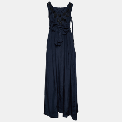 Pre-owned Marni Navy Blue Silk Applique Detail Belted Sleeveless Maxi Dress M