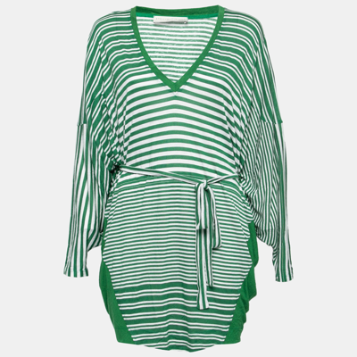 Pre-owned Stella Mccartney Green Striped Linen Blend Knit Oversized Belted Mini Dress M
