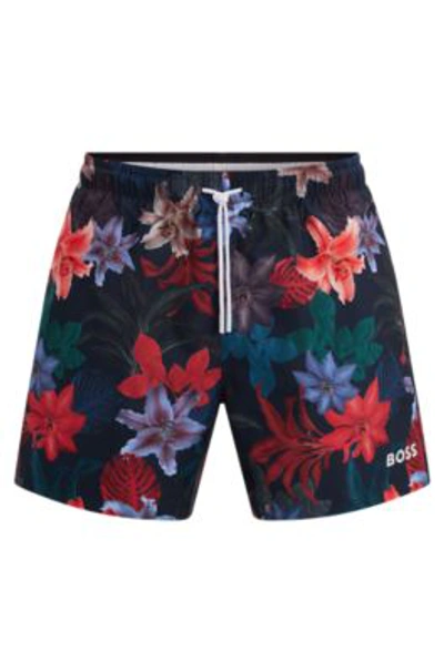 Shop Hugo Boss Floral-print Swim Shorts With Logo Detail In Dark Blue