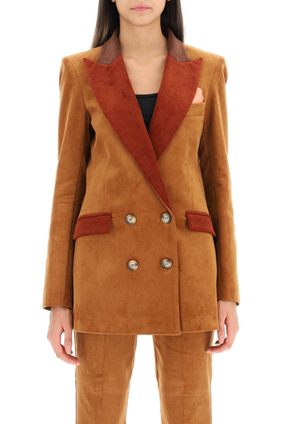 Hebe Studio Contrast-lapel Double-breasted Jacket In Brown