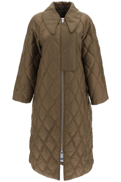 Shop Ganni Quilted Ripstop Coat In Brown