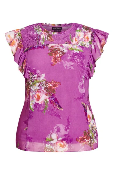 Shop City Chic Nova Floral Smocked Yoke Top In Wisteria Painterly R