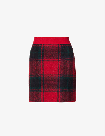 Shop Polo Ralph Lauren Womens Red Mu Tartan Brushed Wool-blend Knitted Mini Skirt