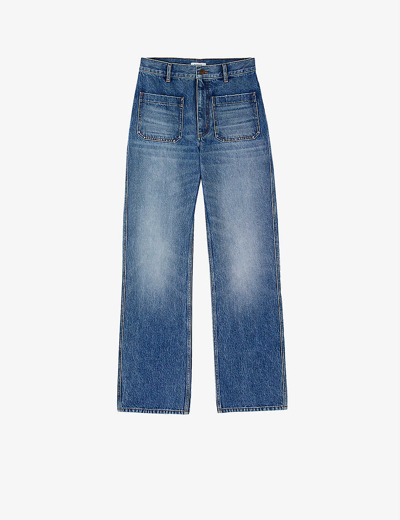 Shop Sandro Women's Bleus Patch-pocket Flared High-rise Jeans
