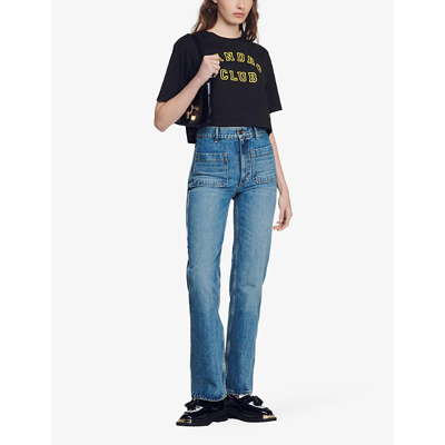 Shop Sandro Women's Bleus Patch-pocket Flared High-rise Jeans