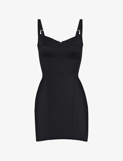 Shop Skims Glam Zip-up Stretch-woven Mini Dress In Onyx