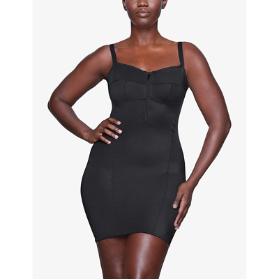 Shop Skims Glam Zip-up Stretch-woven Mini Dress In Onyx