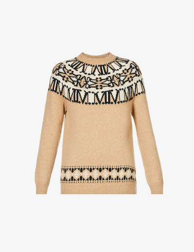 Shop Max Mara Trudy Graphic-intarsia Wool-blend Knitted Jumper In Camel