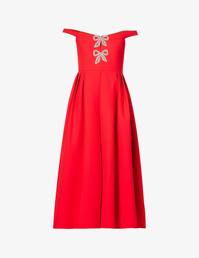 Shop Self-portrait Women's Red Bow-embellished Pleated Woven Midi Dress