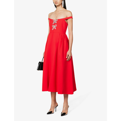 Shop Self-portrait Women's Red Bow-embellished Pleated Woven Midi Dress