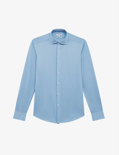 Shop Reiss Men's Soft Blue Nate Curved-hem Slim-fit Cotton-blend Shirt