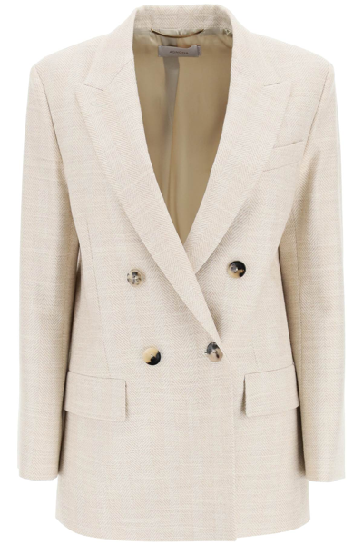 Shop Agnona Double-breasted Wool Silk Blazer In Beige