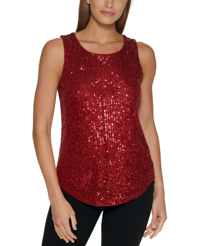 Shop Dkny Petite Sleeveless Crewneck Sequined Top In Rhubarb