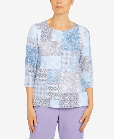 Shop Alfred Dunner Petite Victoria Falls Crew Neck 3/4 Sleeve Monotone Print Top In Wedgewood