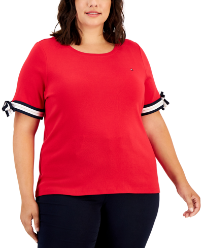 Tommy Hilfiger Plus Size Cotton Tie-sleeve Tee In Red | ModeSens